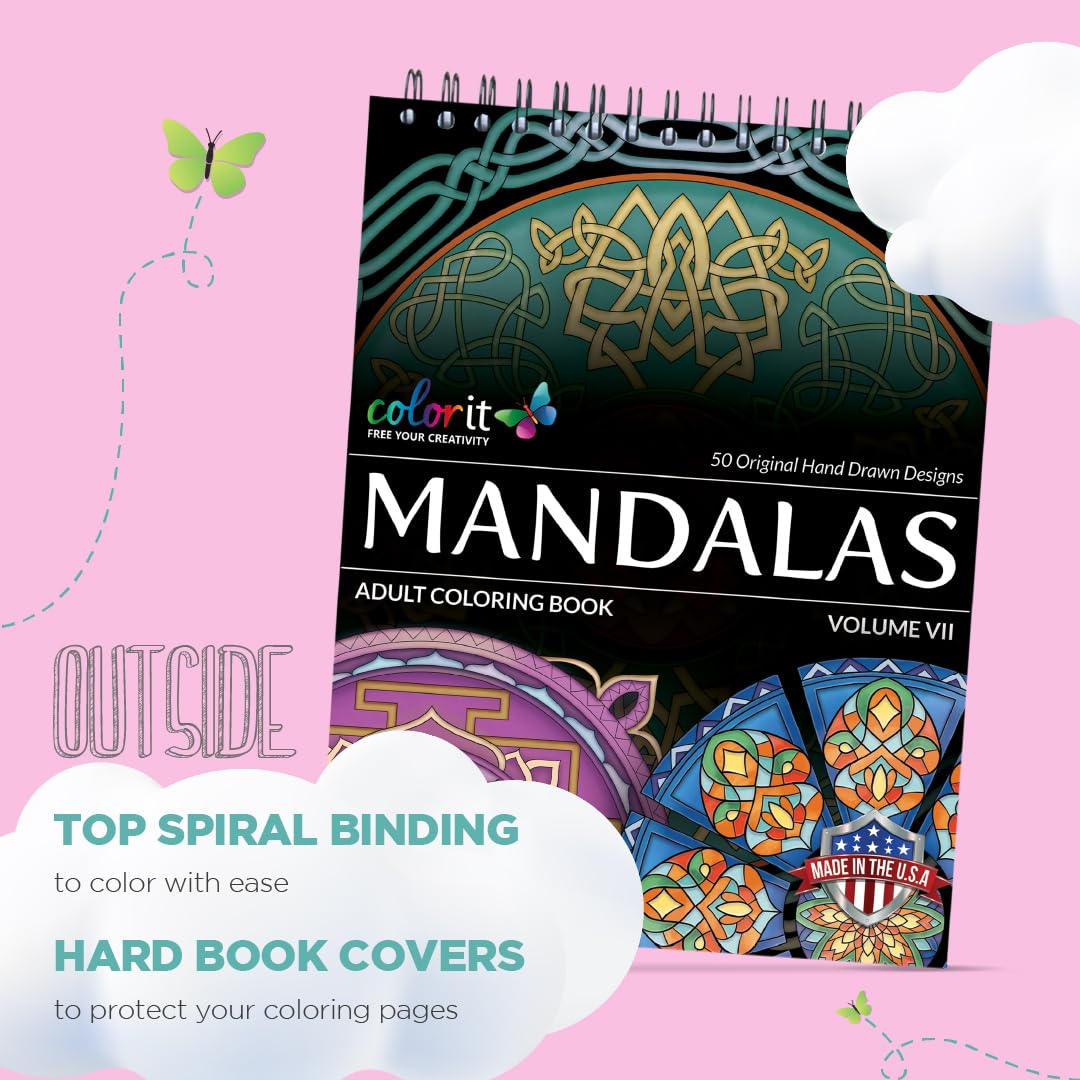 ColorIt Mandalas Volume VII Spiral Bound Adult Coloring Book with 50 Mandala Patterns for Relaxation and Stress Relief - Includes Perforated Pages, Thick Paper, Hardback Covers, and Blotter Page ColorIt