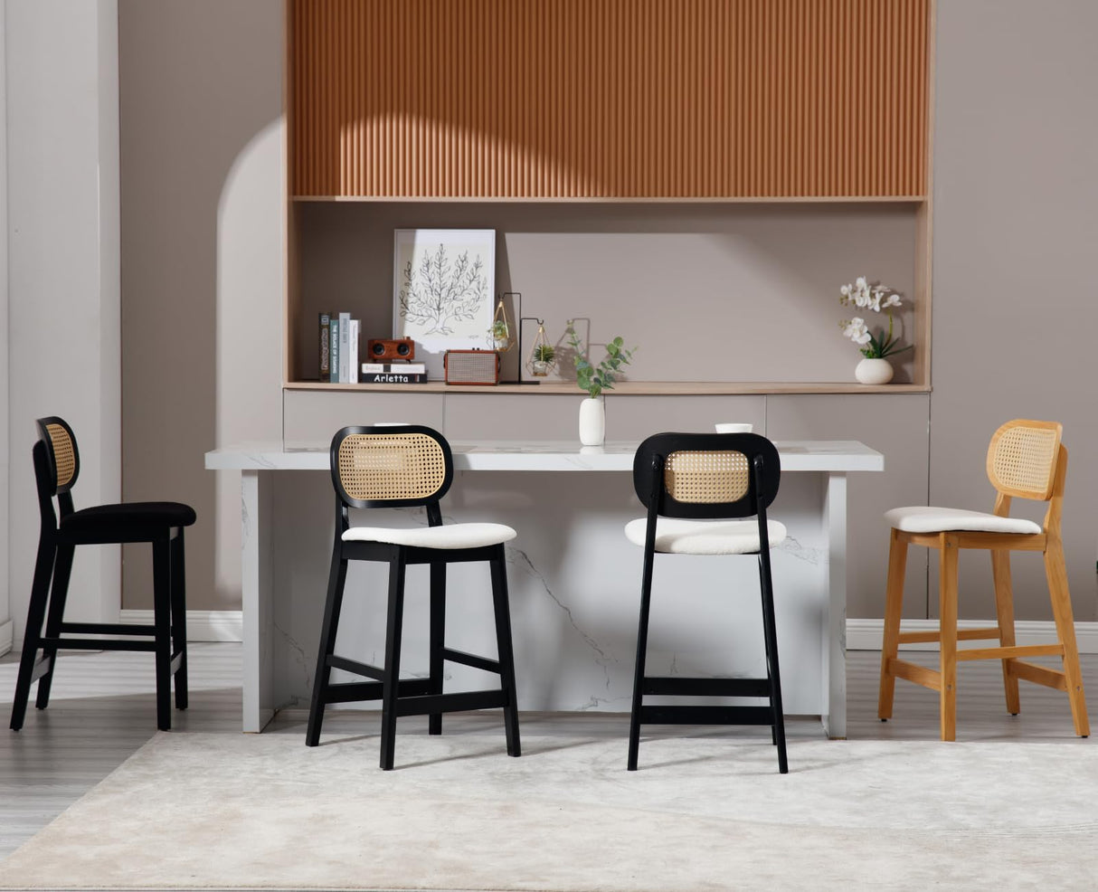 Shunzhi Rattan Counter Height Bar Stools Set of 2 Upholstered Farmhouse Barstools with Cane Back Boho Wood Kitchen Island Chairs Comfy Bar Chairs for Pub/Home Bar, Linen Beige Shunzhi