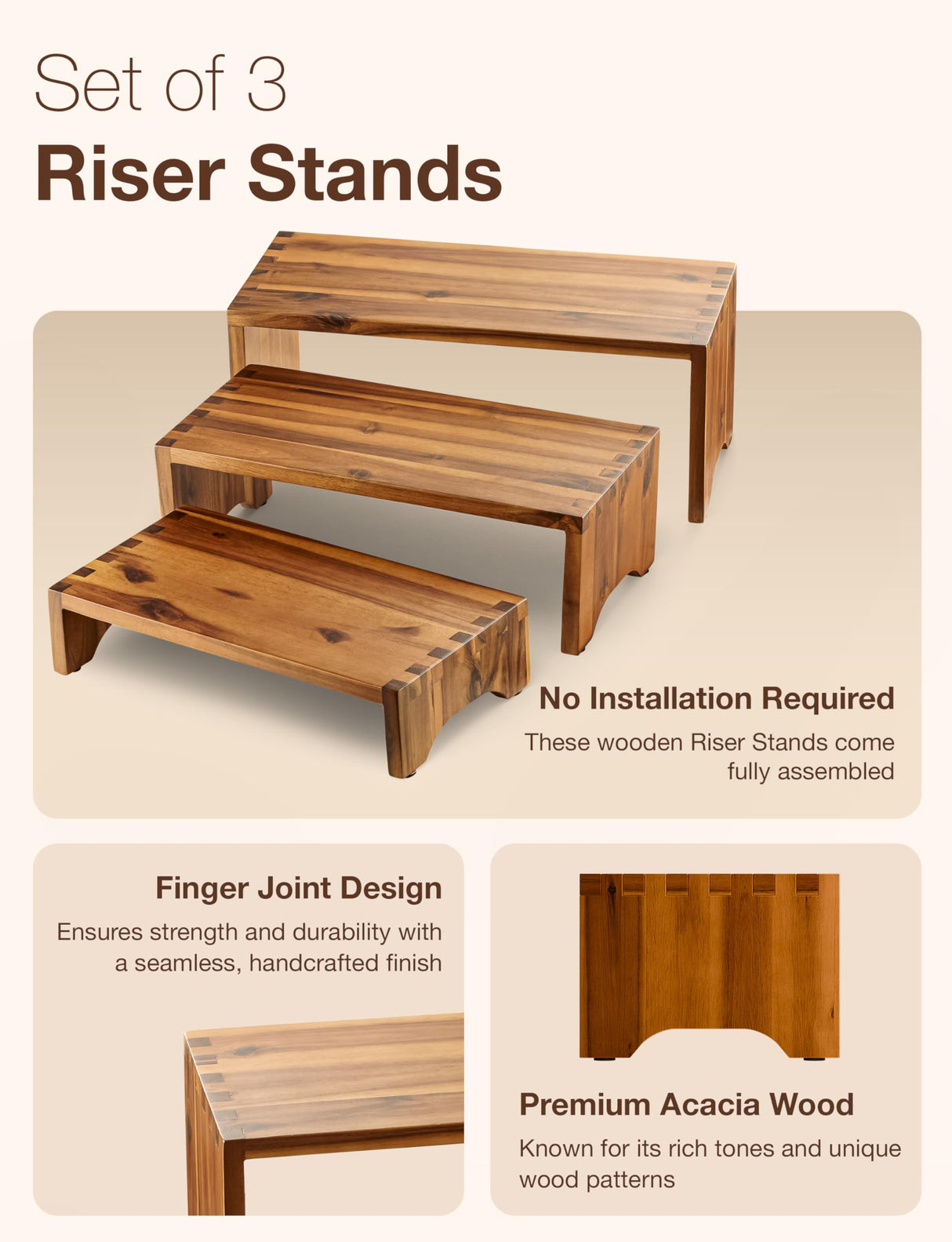 Tidita Acacia Wood Risers Display Stands Set of 3 - Wooden 3 Tier Cupcake Stand - 3 Tiered Riser for Vendors - Decorative Display Risers for Food Desserts Stand, Perfume, Funko POP at Party Wedding Tidita