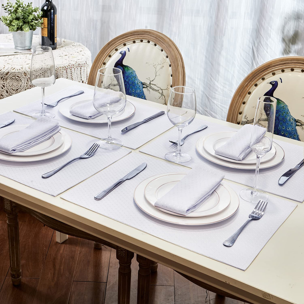 Homejoy Place Mats Set of 8 – Rectangle Rectangular Waterproof Fabric Polyester Cloth Washable Wipeable Heat Resistant Placemats for Kitchen Dining Dinner Table Indoor 13 x 19 Inch White HomeJoy