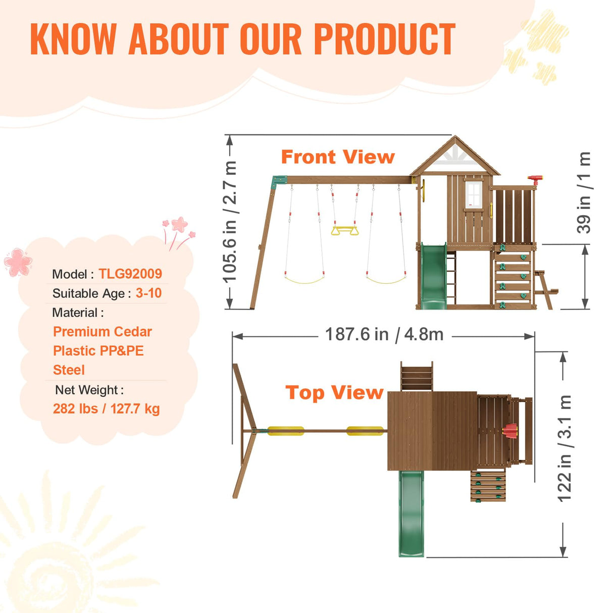 VEVOR Wooden Swing Set, 9 in 1 Outdoor Playground Sets for Backyards, 2 Swings, Trapeze Bar, 6 FT Slide, Large Upper Fort with Kitchen Toys, Flat Step Ladder, Rock Wall, Picnic Table, Sandbox VEVOR