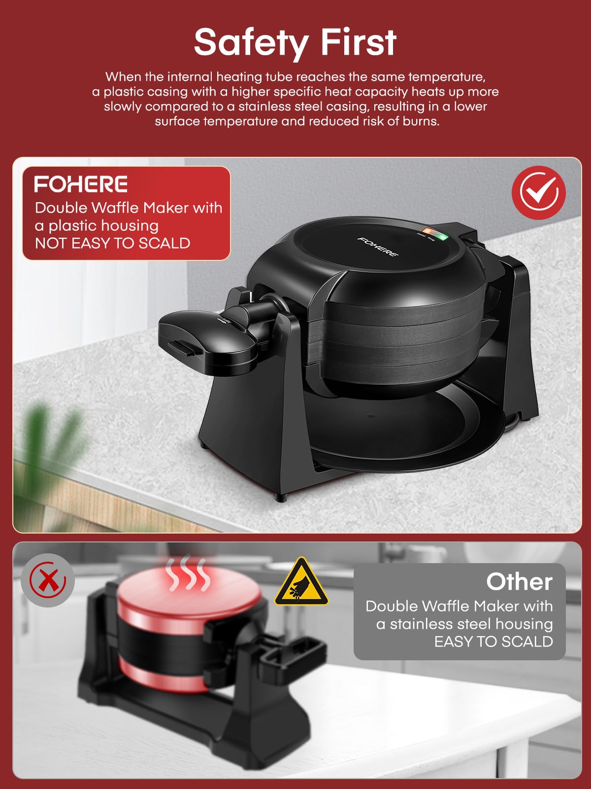 Waffle Maker, 1400W Double Belgian Waffle Iron 180° Flip, 8 Slices in 3 Mins, Rotating & Nonstick Plates, Anti-Scald, Removable Drip Tray Easy to Clean, Cool Touch Handle, Space-Saving Storage(Black) FOHERE