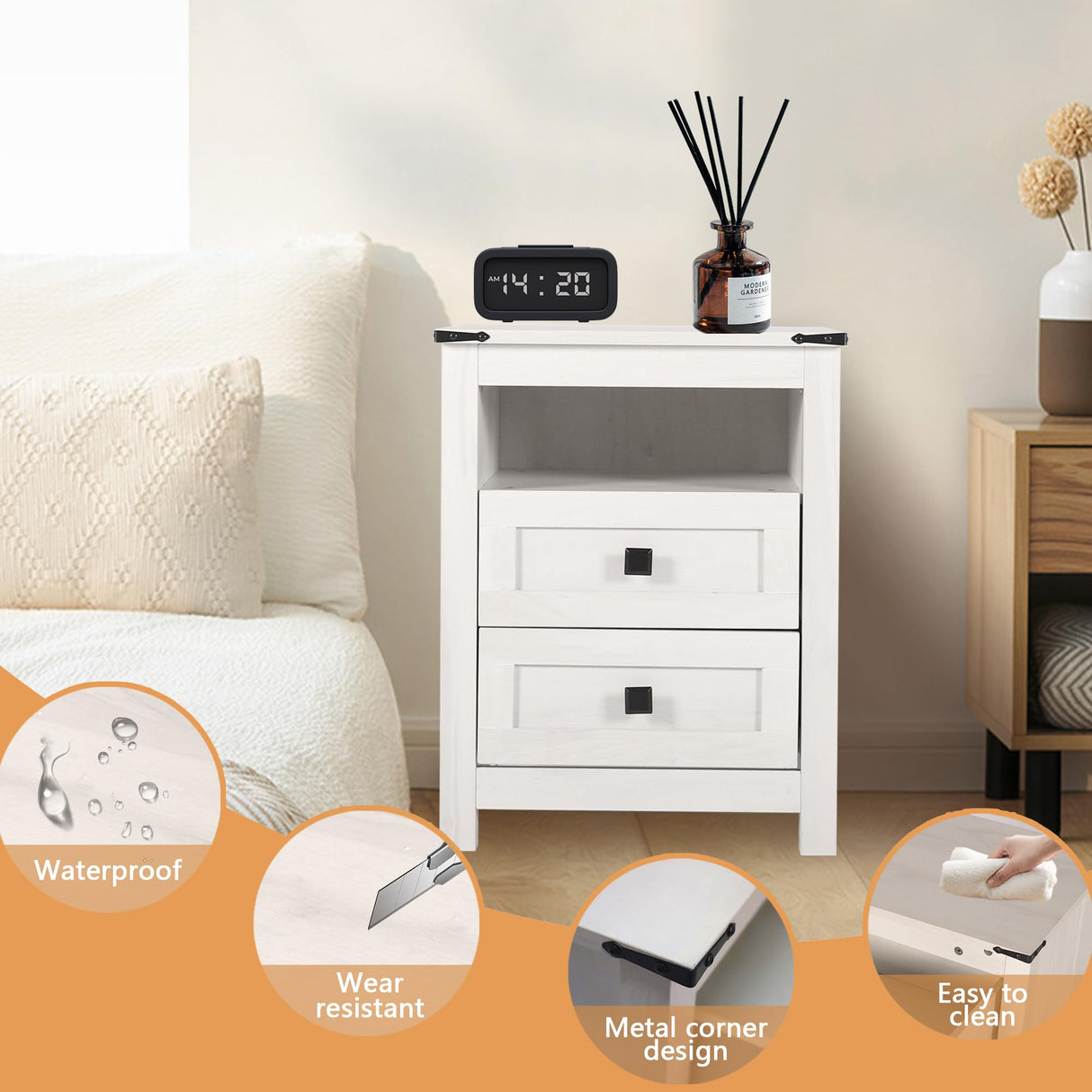 BTDWI Farmhouse Nightstand Set 2, Wood Side Table with Drawers and Storage Shelf, Square End Table for Bedroom, Light Beige Rustic Oak BTDWI