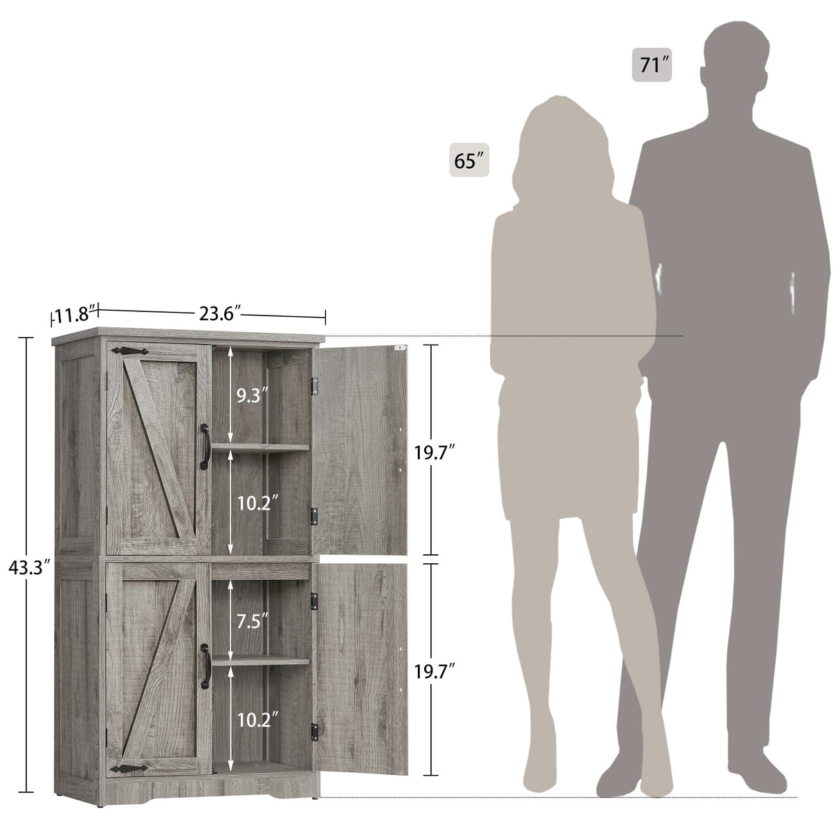 TEENFON Farmhouse Storage Cabinet with 2 Adjustable Shelves, Bathroom Cabinet with 4 Doors, Cupboard for Kitchen, Living Room, Rustic Gray TEENFON