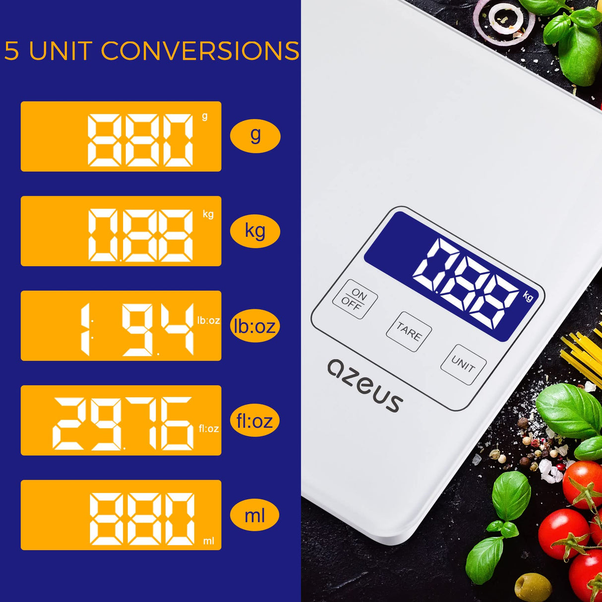 Food Scale with USB Rechargeable, Digital Kitchen Scale with 6 Units, High Precision to 0.04 oz /11lbs Capacity, Weight Range from 3g-5000g AZEUS