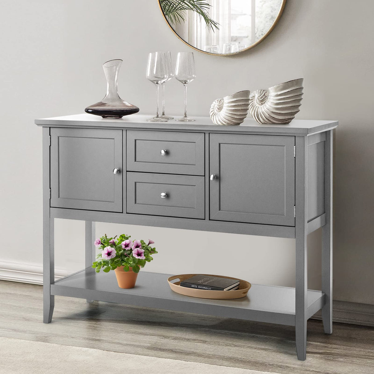 HAPPYGRILL Buffet Sideboard Solid Wood Storage Cabinet Console Table with 2 Drawers & Shelf, Buffet Server Cupboard for Kitchen, Entryway, Living HAPPYGRILL