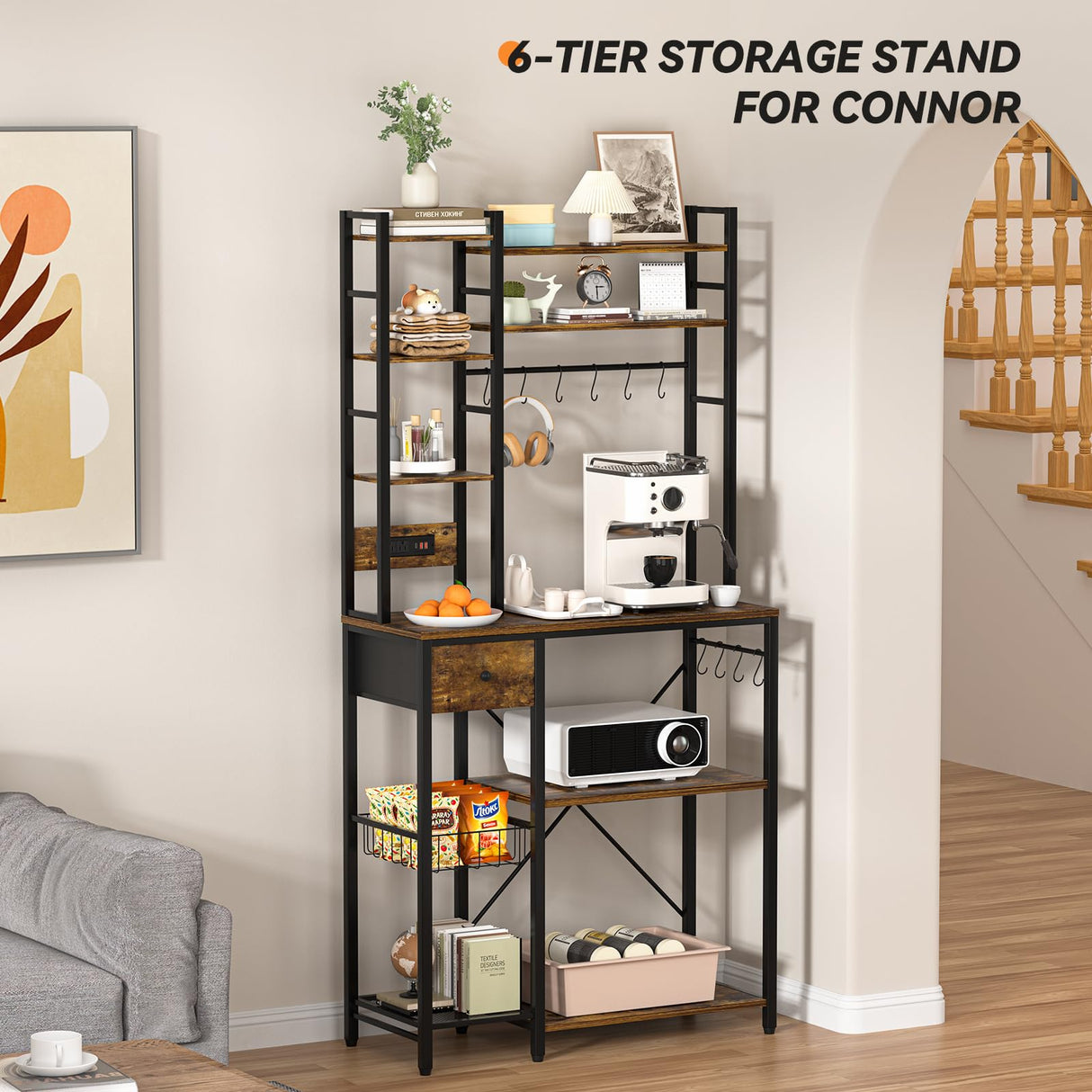 Artswish 72" Bakers Rack with Power Outlet, 8-Tier Freestanding Baker Racks Microwave Stand with Drawer, Coffee Bar Station with Basket and 10 S Hooks, Kitchen Appliance Shelves Rack, Rustic Brown Artswish