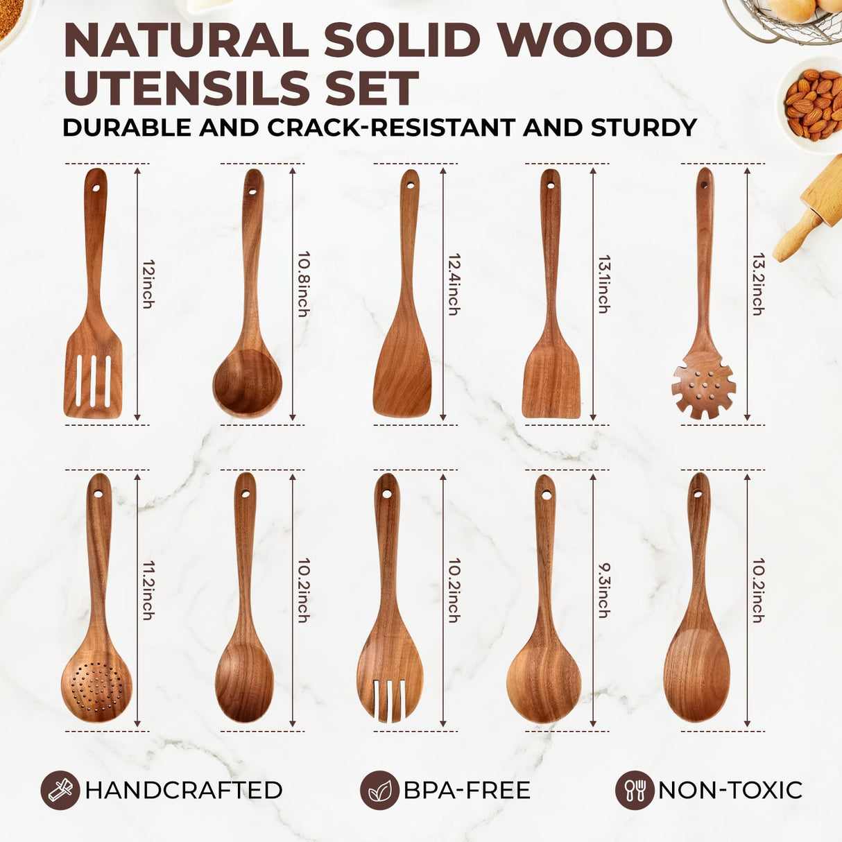 AIUHI Wooden Kitchen Utensils Set, Smooth Finish Wooden Spoons for Cooking, Teak Wood Cooking Utensils Set for Kitchen Essential Tools AIUHI