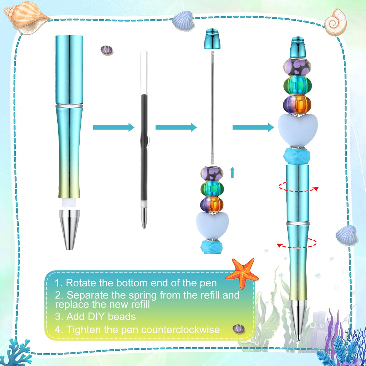 Kosiz 60 Pieces Plastic Beadable Pen Bead Ballpoint Pen Black Ink Beaded Pens for Kids Students Presents Office School Supplies (Mermaid Colors, Classic) Kosiz