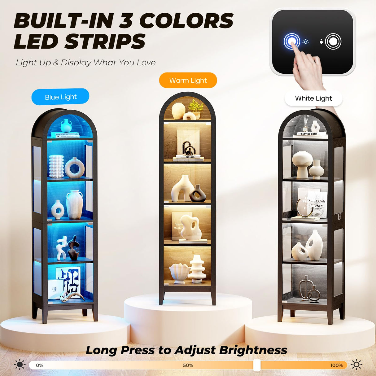 BROTTAR 71" Tall Arched Display Cabinet with Glass Doors, 5-Tier Curio Cabinet with LED Lights for Collectibles, Books, Showcase Glass Display Case with Human Body Sensor for Living Room, Black BROTTAR