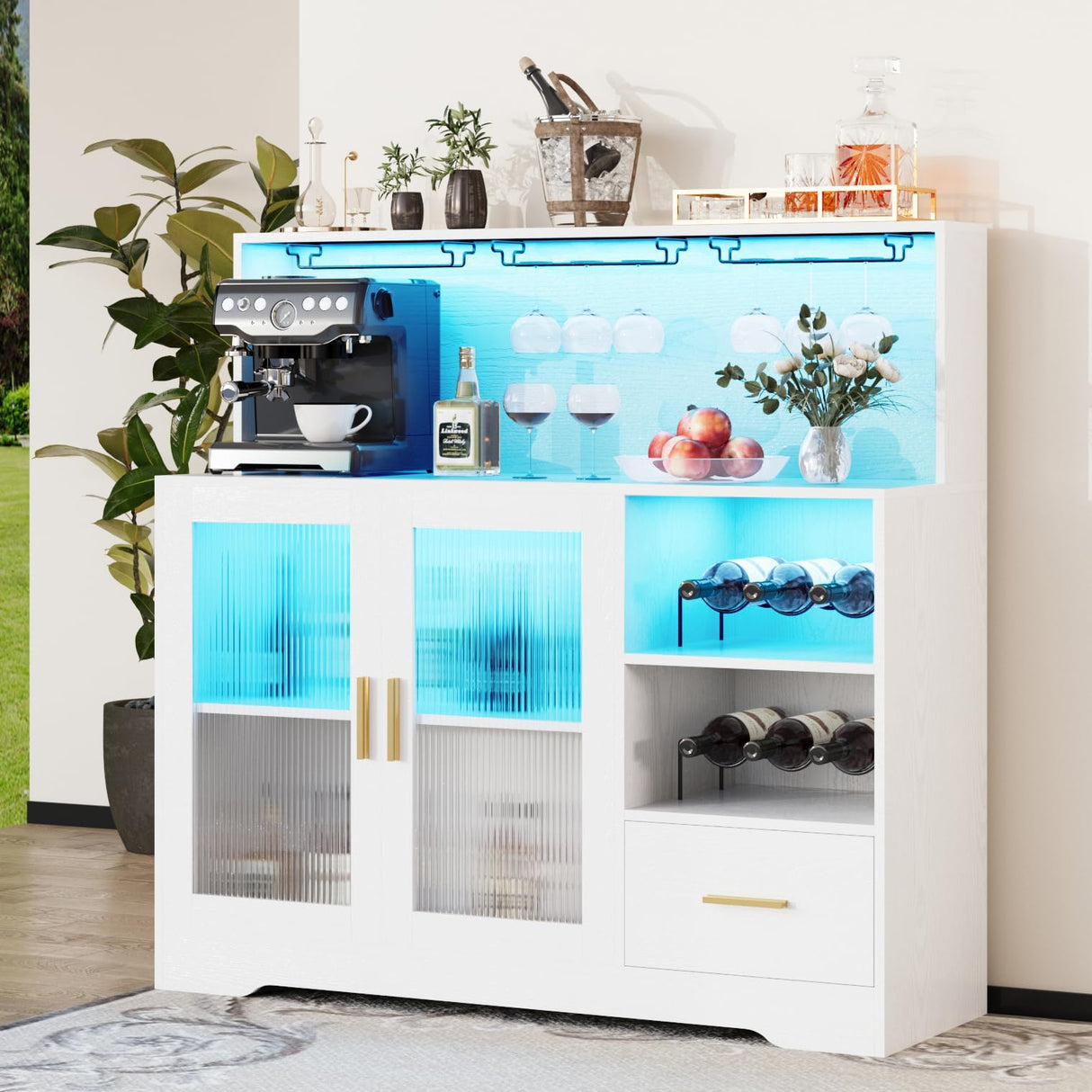 Wine Bar Cabinet with LED Light,with Wine and Glass Rack, Modern Kitchen Coffee Bar Cabinet with Storage, Buffet Sideboard with Drawers(White, Large) amzzar