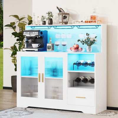 Wine Bar Cabinet with LED Light,with Wine and Glass Rack, Modern Kitchen Coffee Bar Cabinet with Storage, Buffet Sideboard with Drawers(White, Large)