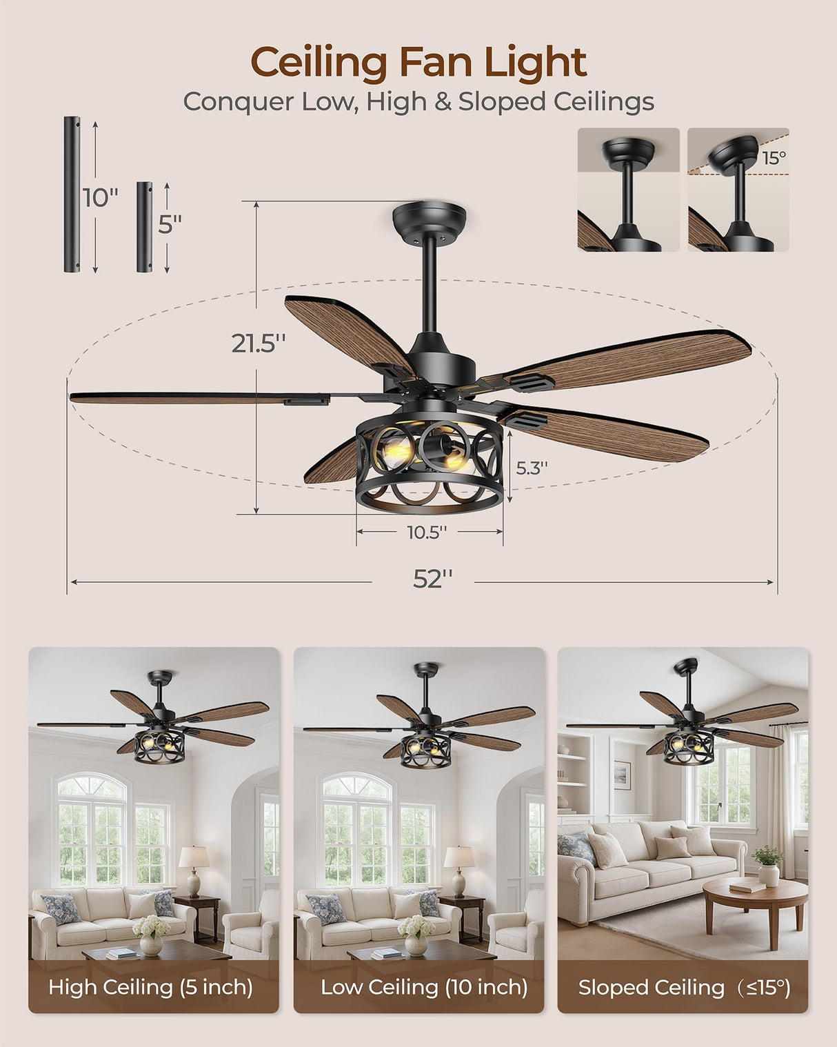 Ceiling Fans with Lights and Remote, 52'' Vintage Caged Ceiling Fan with Light, 5 Blades, 6+1 Speed, Flush Mount Ceiling Fan Whisper-quiet for Farmhouse, Living Room, Kitchen and Porch (52 Inch) BLNAN