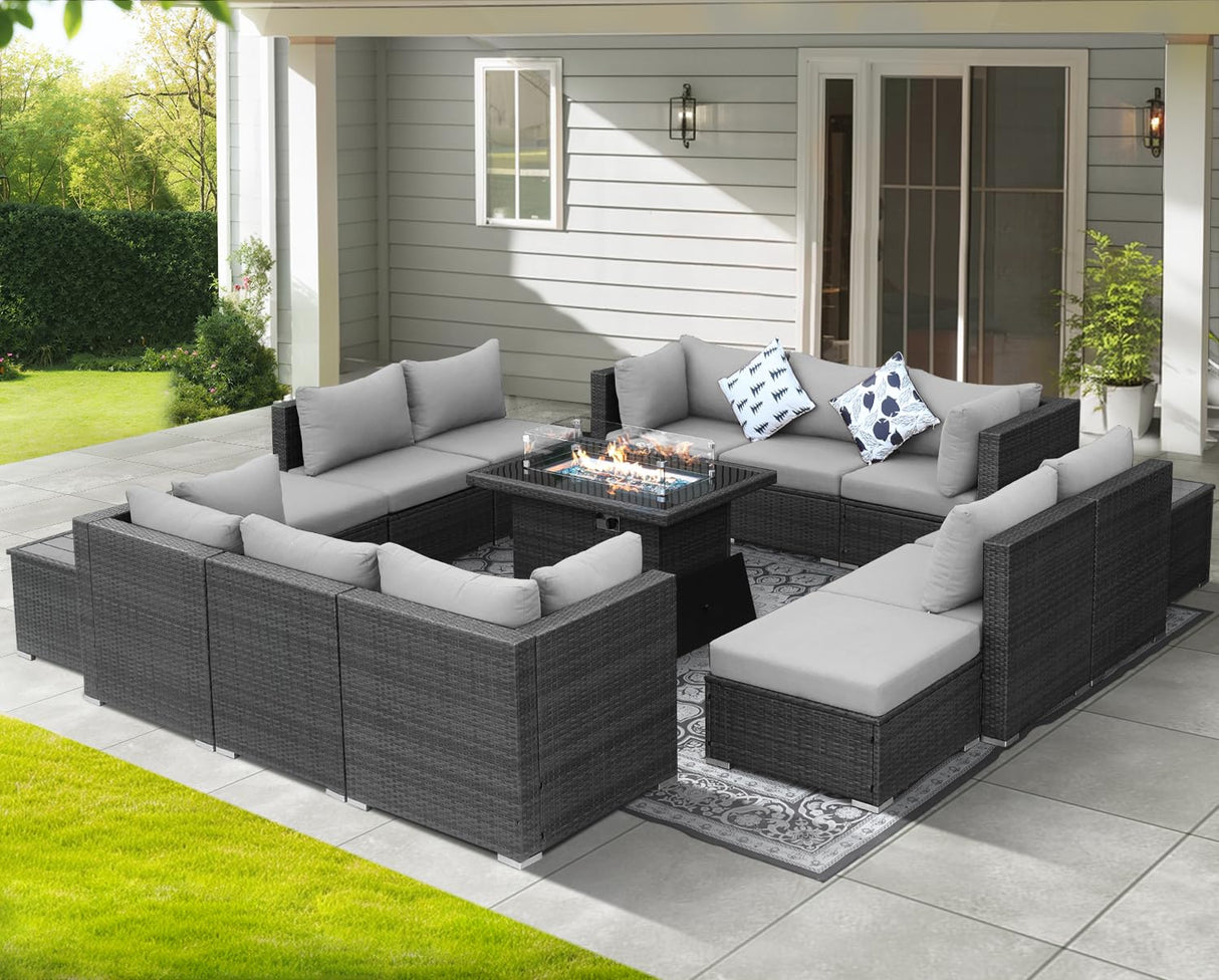 NICESOUL 15 Piece Outdoor Sectional with Fire Pit Table, Modern Luxury Patio Deep Seating w/Firepit, 29.3'' High-Back Wicker Couch Thick, Big High-Weight Capacity Sofa for Terrace, Yard, Light Gray NICESOUL