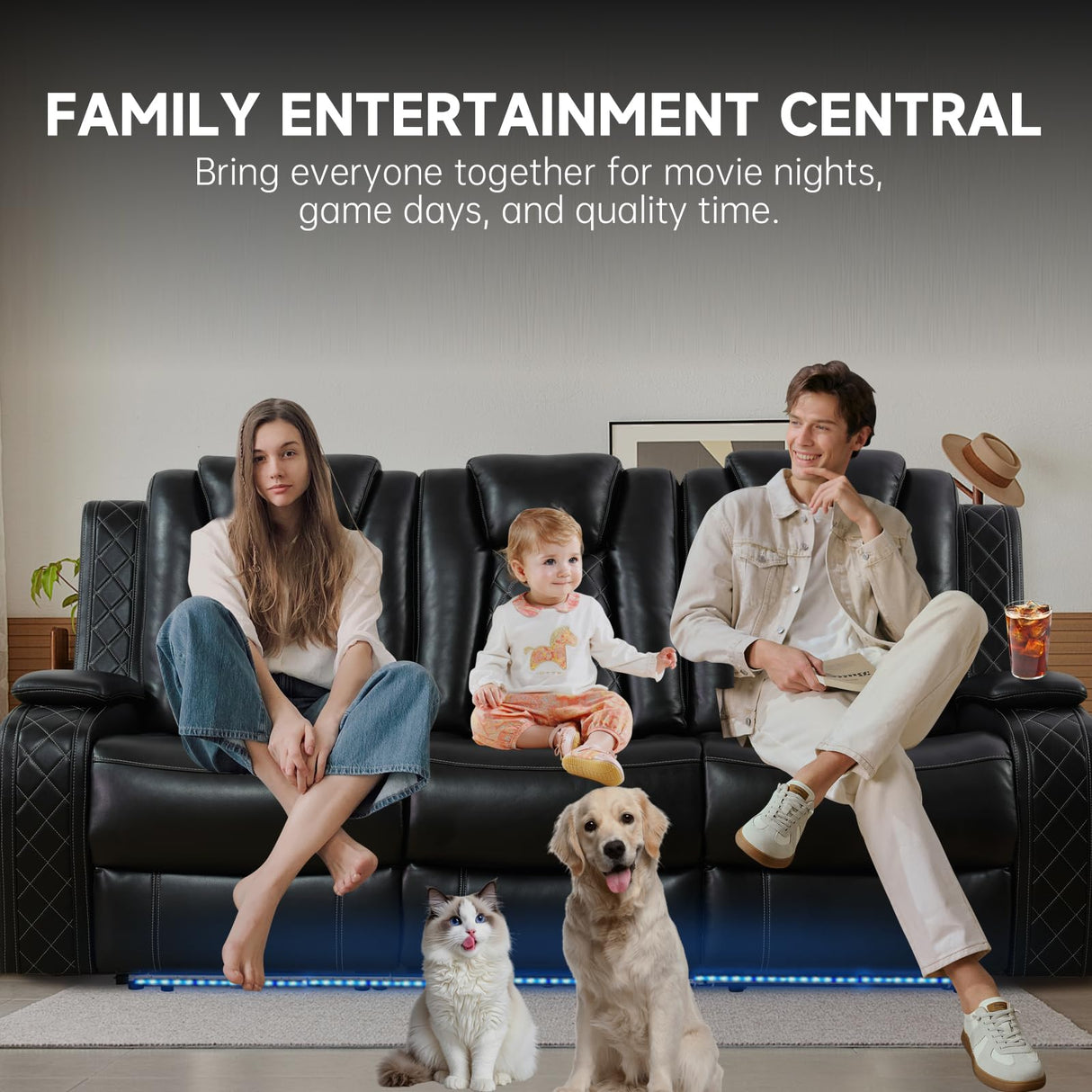 PU Leather Power Wall Hugger Chair Double Reclining Sectional Sofa 3-Seater Loveseat Couch with Reversible Coffee Table, Wireless Chargers, USB Port and Ambient LED Light for Living Room RV Theater NicBex