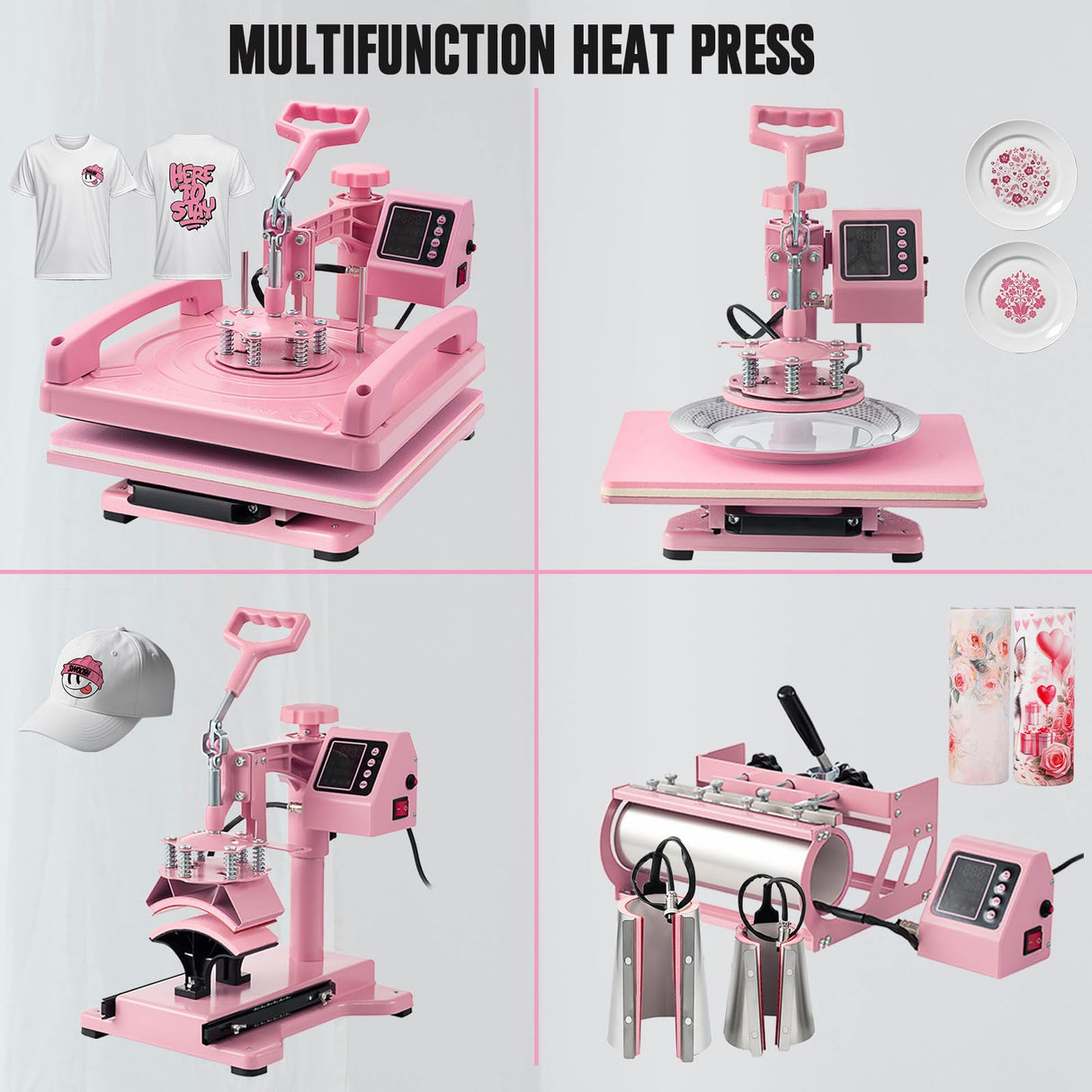 Leomru 8 in 1 Heat Press Machine 15x15 Inch, Heat Press Machine for T Shirts Hat Cap Mug Plate 360° Swing Away, Sublimation Heat Press Heat Transfer Machine W/ 30OZ Tumbler Press Pink Leomru