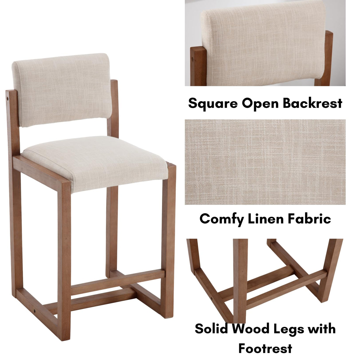 LukeAlon Linen Counter Stools Set of 4, Farmhouse Upholstered 26" Seat Height Counter Height Bar Stools with Wood Legs Open Back for Home Pub Kitchen, Beige LukeAlon