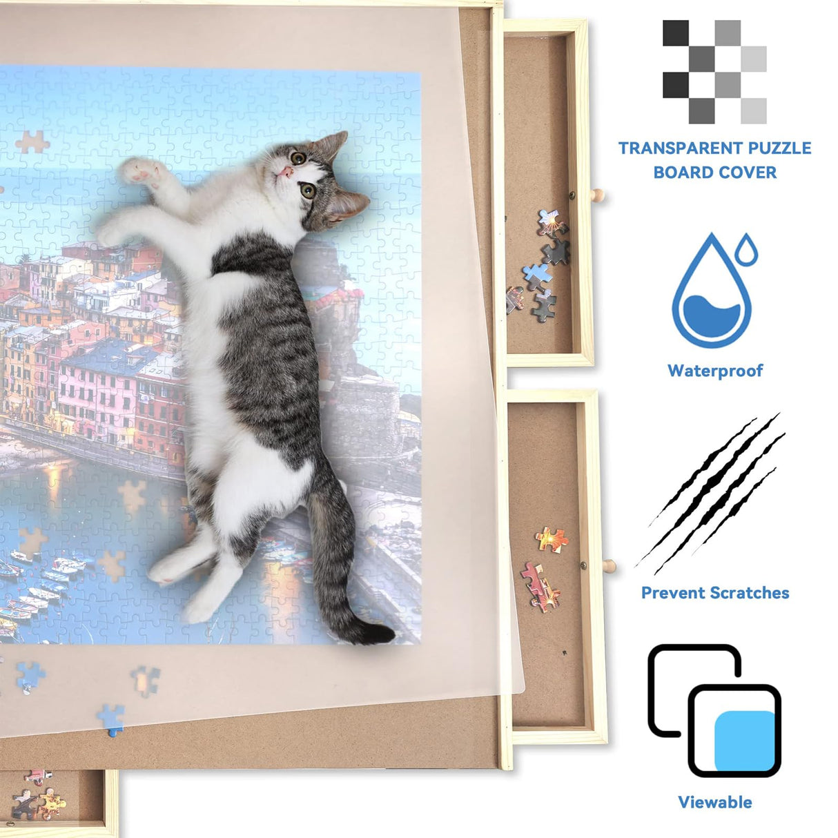 Puzzle Board, WOOD CITY 1500 Piece Wooden Jigsaw Puzzle Board with Drawers, 35” x 27” Portable Puzzle Table with Covers, Rotating Jigsaw Puzzle Table for Kids and Adults WOOD CITY