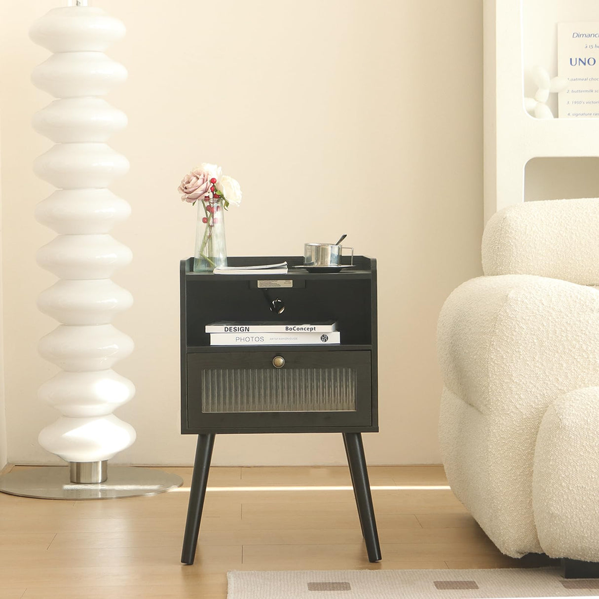 AWASEN Black Nightstand with Charging Station, Modern Bedside Table with Glass Decorative Drawer, Small End Table Side Table with 2 Tiers Storage Space, for Bedroom, Office and Small Space (Black) AWASEN