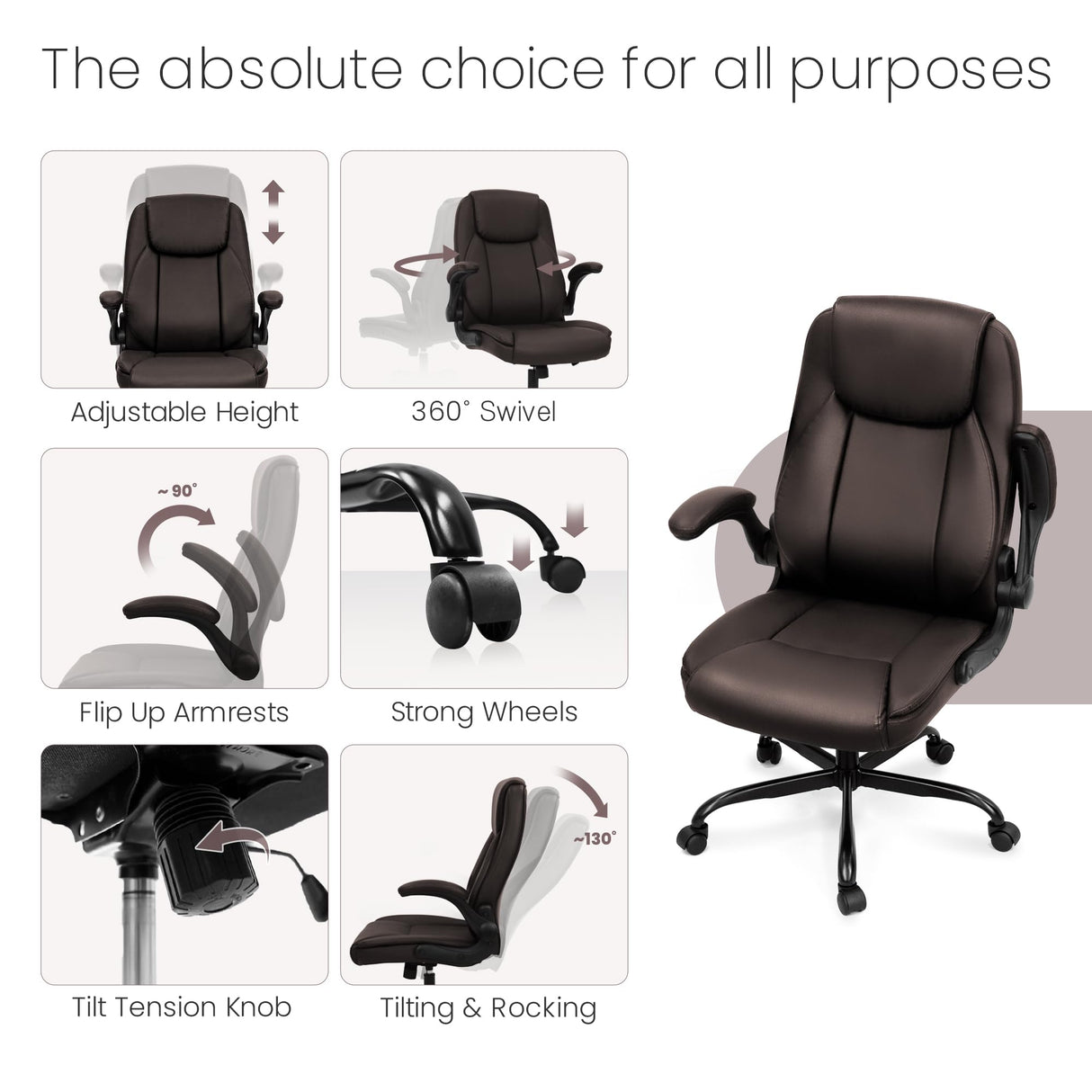 NEO CHAIR Ergonomic Office Chair PU Leather Executive Chair Padded Flip Up Armrest Computer Chair Adjustable Height High Back Lumbar Support Wheels Swivel for Gaming Desk Chair (Brown) NEO CHAIR