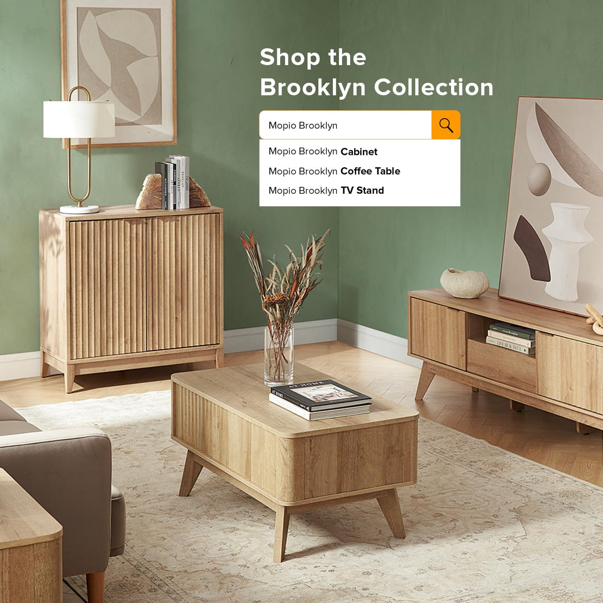 mopio Brooklyn Storage Cabinet, Modern Farmhouse Entryway Accent Cabinet, Buffet Sideboard, Credenza, Wood Modular Cabinet with Doors & Shelf, Fluted Panel, for Living Room, Dining Room, Kitchen, Oak mopio