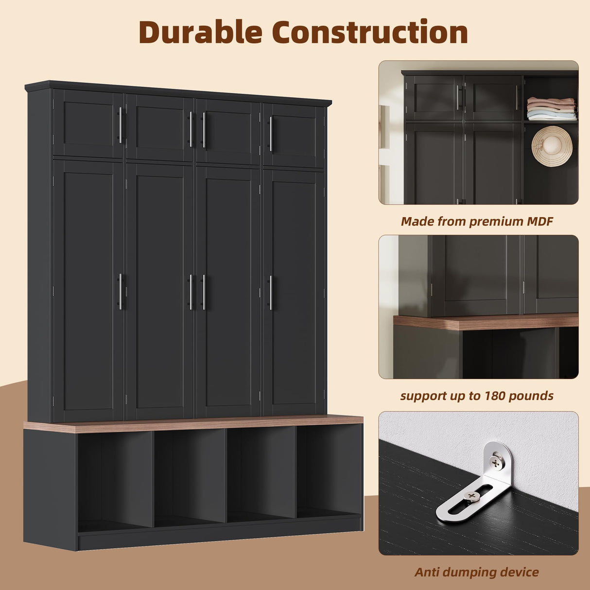 Merax Hall Tree with Bench and Shoe Storage Compartments, Particle Board Multi-Functional Entryway Cabinet with 4 Hanging Hooks, Black Merax