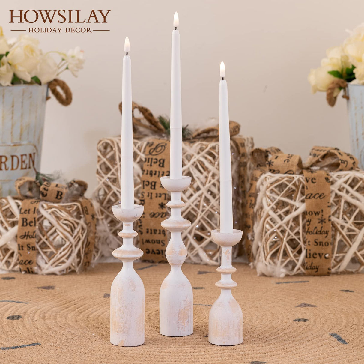 HOWSILAY Wood Candle Holder Candlestick Holders for Table Centerpiece - Rustic Farmhouse Decor Candle Stand fits 3/4" or 7/8" Taper Candle&Dia 1.5" Led Tea Lights or Pillar Candles(White) HOWSILAY