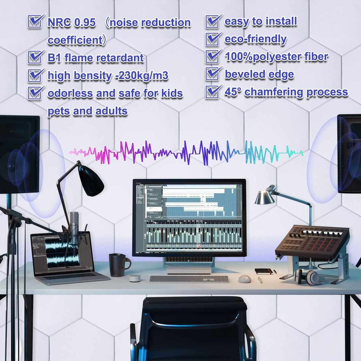 18 Pack Self-adhesive Acoustic Panels Soundproof Wall Panels 12"X10"X 0.4" Sound Absorbing Panel for Decoration Sound Deadening Panels Acoustic Treatment Panel For Home Office(White Hexagonal Design) Dmsky