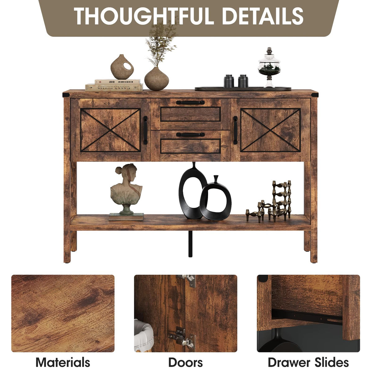 Maupvit Console Table with Storage,Farmhouse Sideboard Buffet Cabinet Kitchen Sideboard Cabinet with Storage Drawers and Bottom Shelf (Brown) Maupvit