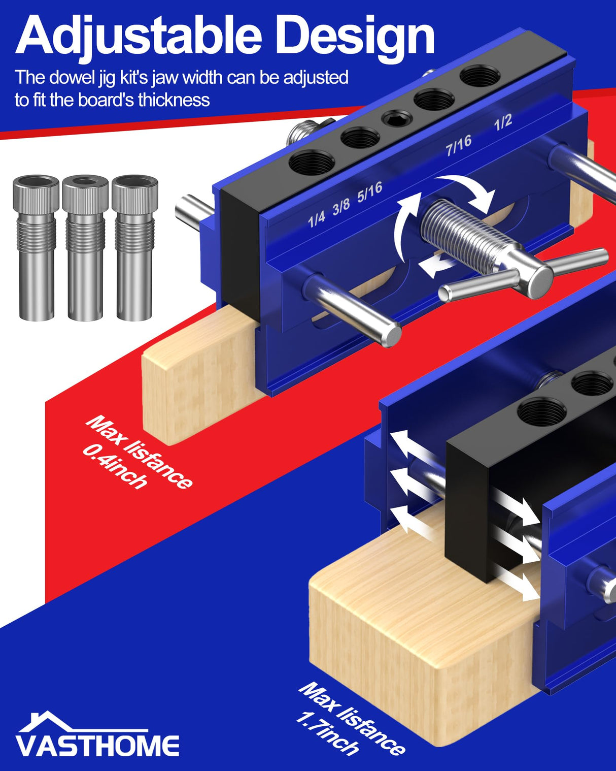 VASTHOME Self Centring Dowel Jig, Adjustable Drill Jig for Straight Holes, Biscuit Joiner Set with 6 Drill Guides, Adjustable Width Dowelling Jig for Straight Holes(blue) VASTHOME