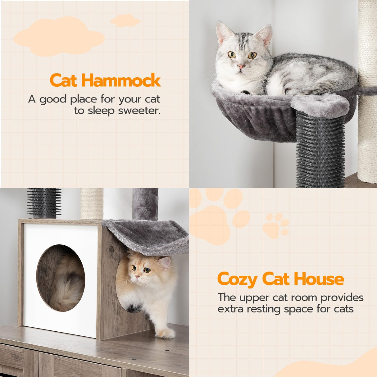 HOOBRO Large Hidden Litter Box, Cat Tree with 30.7'' Long Litter Box Enclosure, Modern Cat Tower, Cat Condos with Scratching Posts, Rubbing Post, Hammock and Teaser Sticks, Greige BG28MZ03G1 HOOBRO