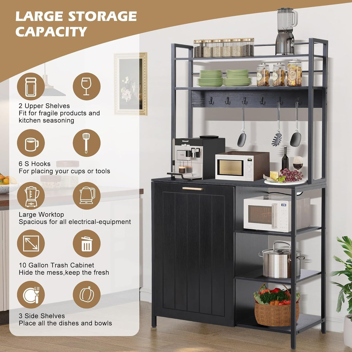 MAGIC UNION Bakers Racks Kitchen Microwave Stand Cabinet with 10 Gallon Trash Can Bin Cabinet and Power Outlet, 6-Tiers Farmhouse Coffee Bar Table Station with 6 Hooks and Storage Shelf, Black (Black) MAGIC UNION