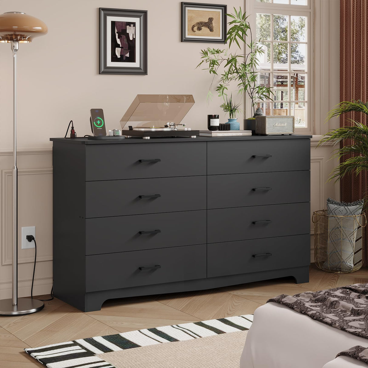 Hasuit 8 Drawer Dresser for Bedroom, Large Chest of Drawers with Charging Station, 55.1'' Wide Storage Clothes Closet Organizer, Long Dresser TV Stand for Living Room, Black Hasuit
