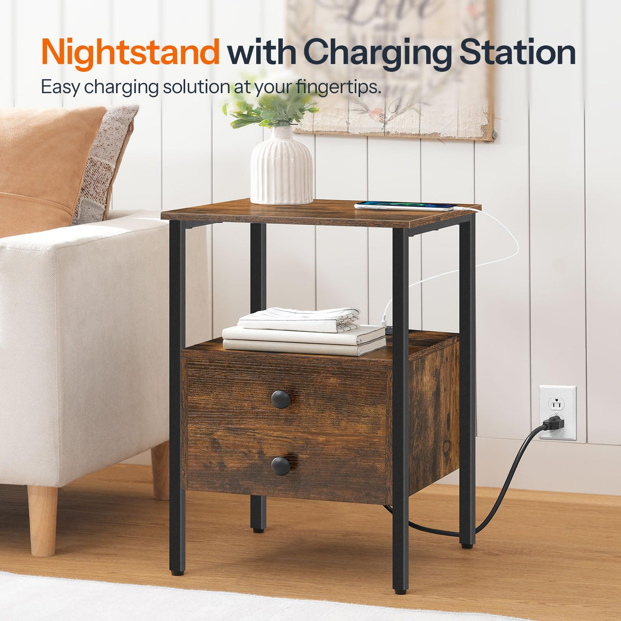 HOOBRO End Table with Charging Station, Bedside Table with 2 Drawer & USB Ports & Power Outlets, Nightstand for Small Spaces, Stable and Sturdy, for Living Room, Bedroom, Rustic Brown BF43UBZ01 HOOBRO