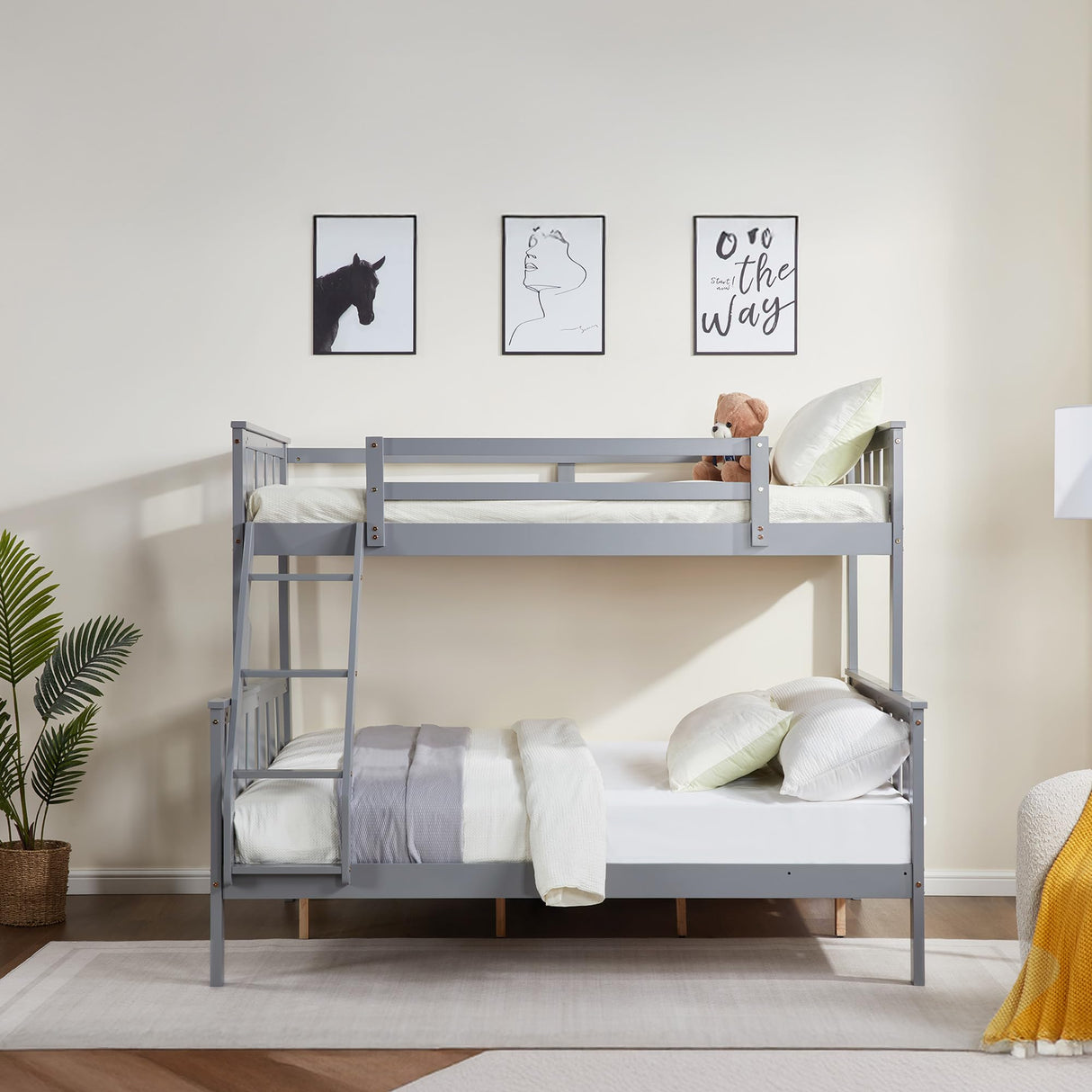 FLEXISPOT Twin Over Full Bunk Bed with Flexible Ladder,Kids Solid Wood Bed Frame,Strong Wooden Slats, Non-Toxic Finishes, No Box Spring Needed,Grey FLEXISPOT