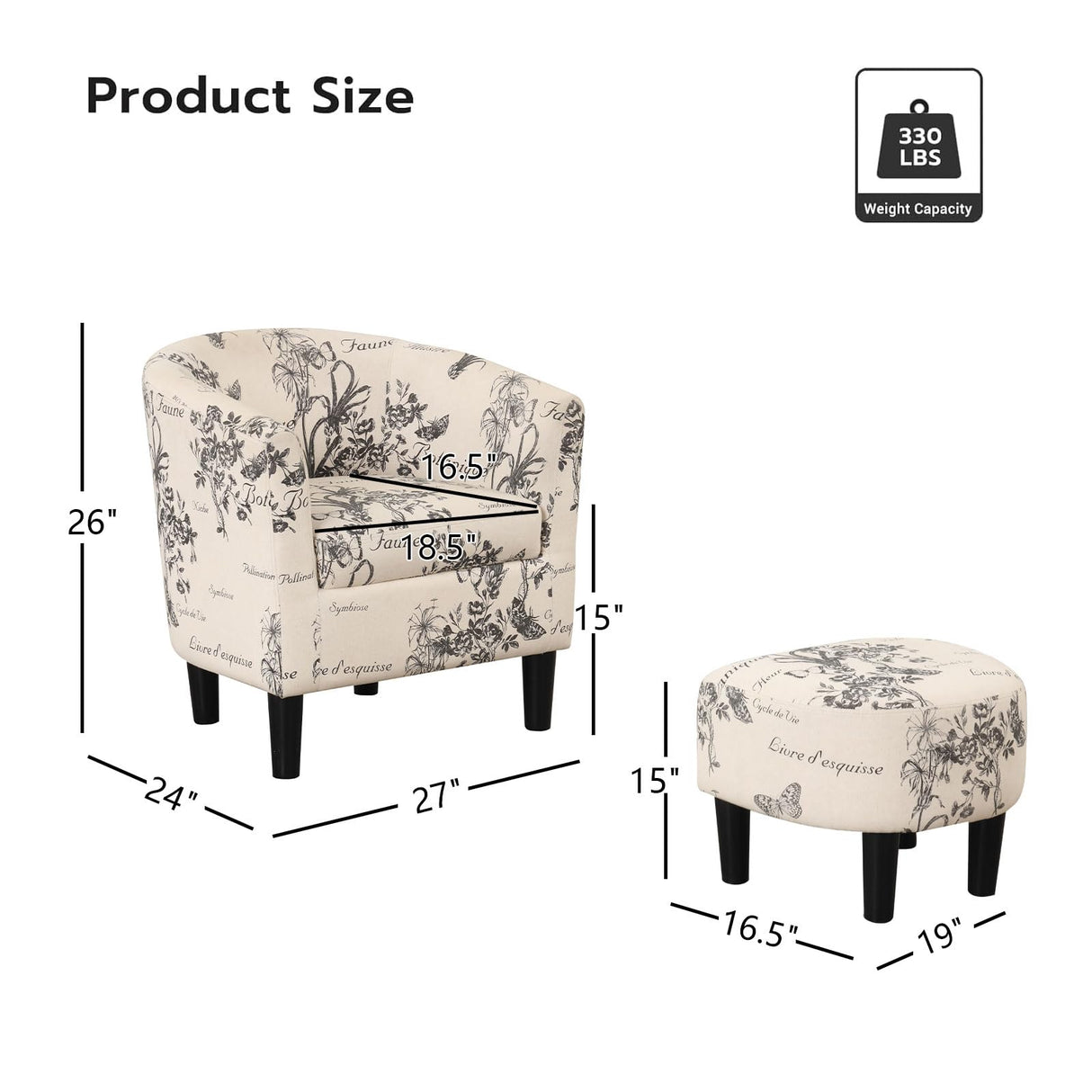 INZOY Modern Accent Chair with Ottoman for Small Space, Club Chair with Ottoman Set, Comfy Fabric Barrel Reading Chairs for Living Room Bedroom, Round Reading Chair with Foot Rest, Flower Pattern INZOY