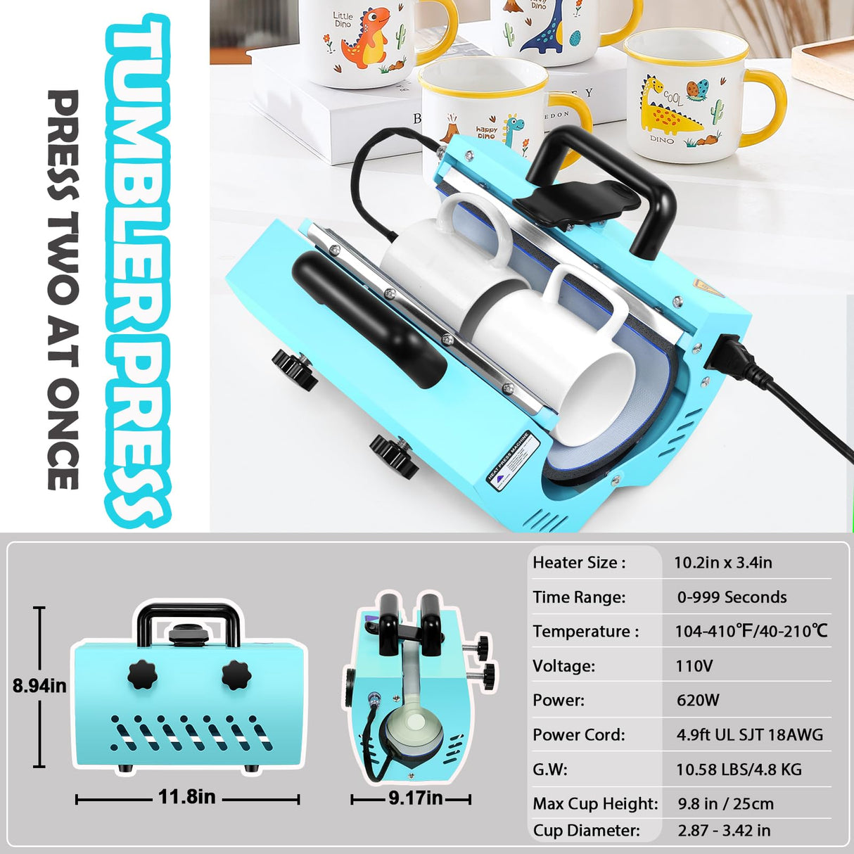 11-30 OZ Tumbler Heat Press Machine, Mug Heat Press DIY Sublimation for 11OZ 16OZ 20OZ Skinny Tumblers Glass/Ceramic/Aluminium Mug Coffee Cup 2.87-3.42in,Blue Cup Press with 20 Heat Papers/Tape/Gloves Whubefy