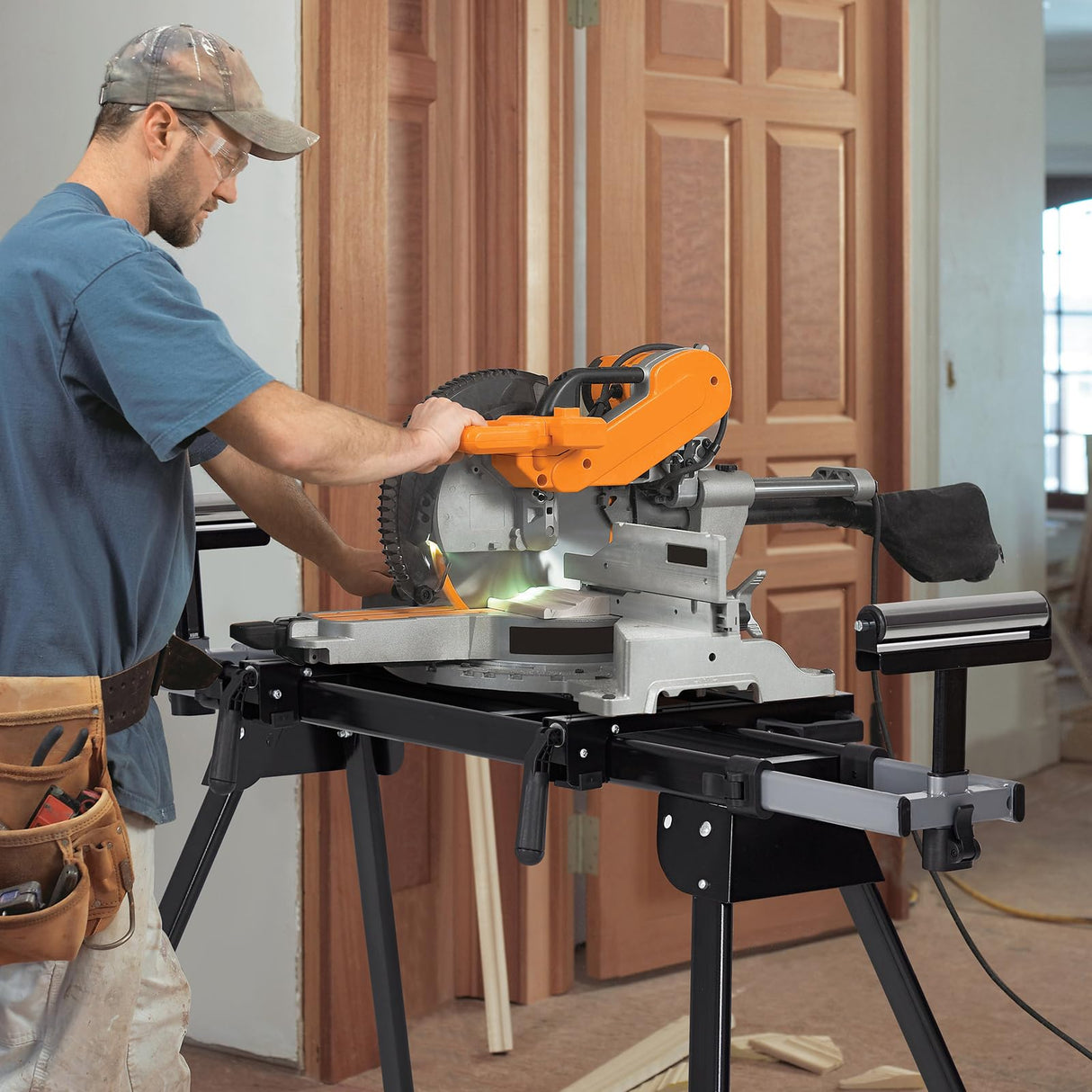 PioneerWorks Miter Saw Stand, 440 Lbs Load Capacity Saw Stand with Durable Iron Skeleton frame, , 76-4/5'' Max Sliding Rail, Quick to Install and Remove, Compatible & Portable, Compatible with Most PioneerWorks