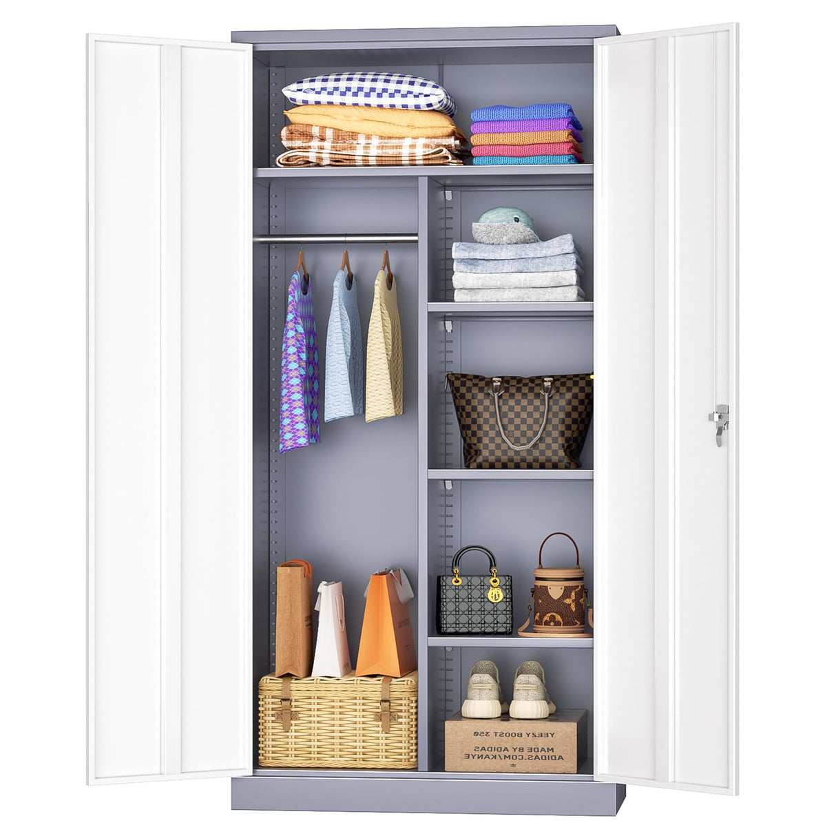INTERGREAT Metal Storage Cabinet,72 Tall Armoire Wardrobe Closet with Doors,Grey White Storage Locker Cabinets with Adjustable Shelves and Removable Hanging Rods INTERGREAT