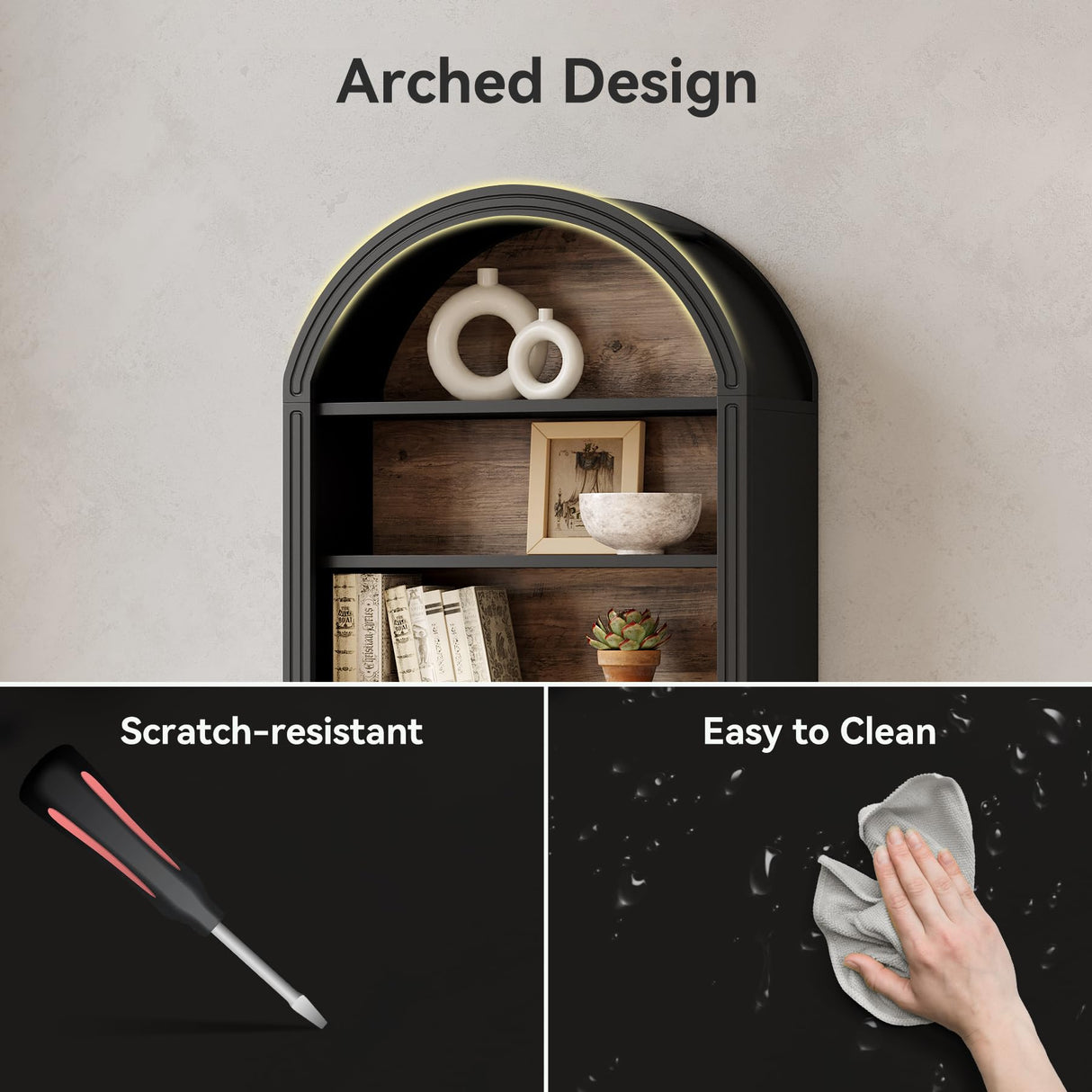 LITTLE TREE 6-Tier Bookcase, 77" Tall Bookshelf with Arched Top, Large Freestanding Wooden Open Bookcase Bookshelf, Modern Display Book Shelf for Living Room, Bedroom, Office, Library, Black Brown LITTLE TREE