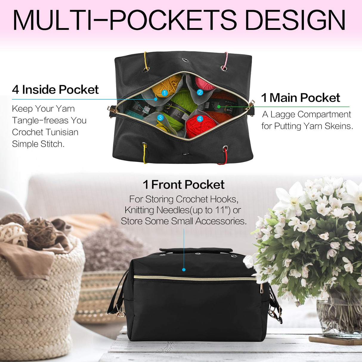 yookee home Yarn Bag Crochet Bag Organizer Knitting Bag Organizer Crochet Storage Yarn Holder for Crochet Accessories Yarn Storage Bag for Crocheting Gifts for Crochet Lovers,Mom,Women,Black yookee home