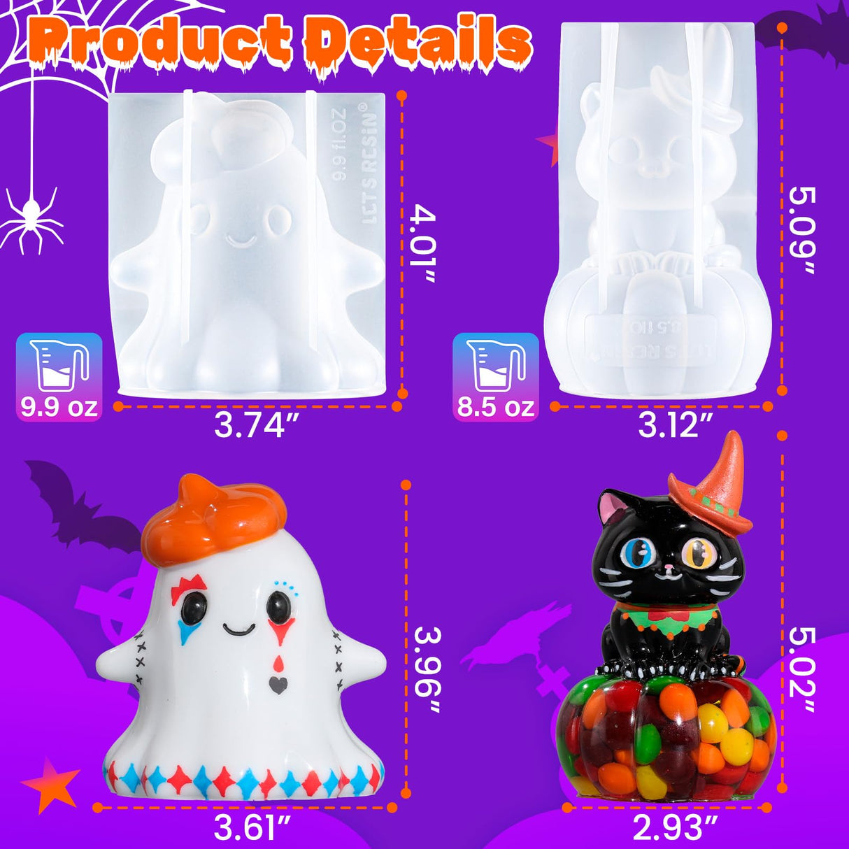 LET'S RESIN Halloween Resin Molds Silicone, Cute Ghost Silicone Molds & Cat Pumpkin Epoxy Resin Molds with Witch Hat,Perfect for Resin Casting,Halloween Party, Thanksgiving Autumn Decor, Gifts(2PCS) LET'S RESIN