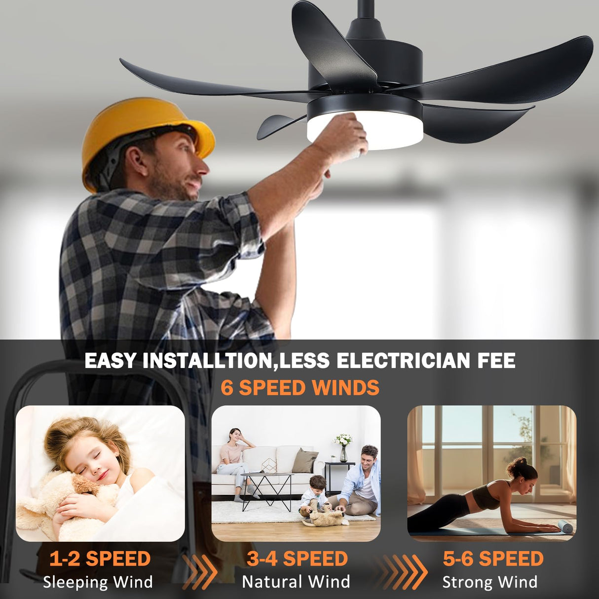 RHEAFON Ceiling Fans with Lights and Remote,30 Inch Smart Ceiling Fan,Reversible,Noiseless,Small Black Ceiling Fan for Bedroom Kitchen Indoor/Outdoor Patio RHEAFON