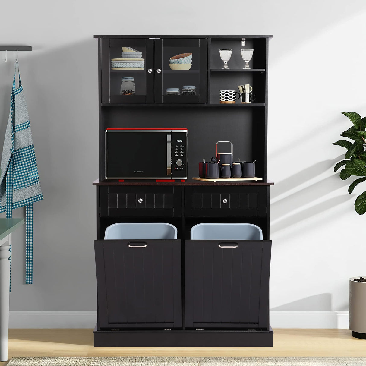 LOUVIXA Kitchen Pantry Storage Cabinet, Microwave Cabinet with Tilt Out Trash Cabinet,Tall Pantry Cabinet Cupboard, Freestanding Kitchen Hutch (Classic Black) LOUVIXA