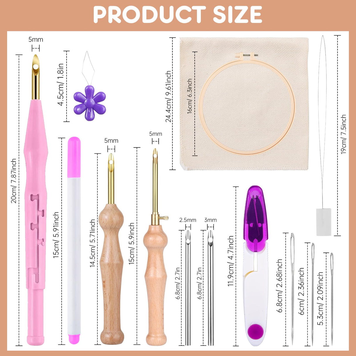 MSDADA 21PC Punch Needle Embroidery Kit - Adjustable Tool, Wooden Handle Pen, Hoops, Cloth, Big Eye Needles, Threaders (Pink) MSDADA