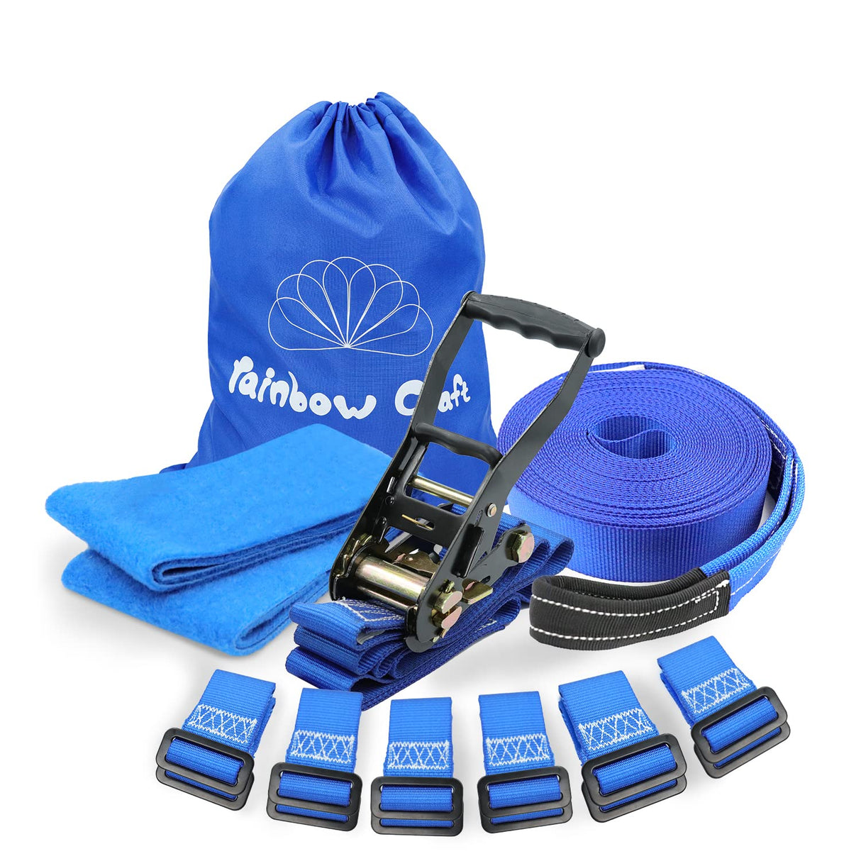 Rainbow Craft Ninja Warrior Obstacle Course for Kids - 50ft Slackline, 12 Removable Buckle Loops, 12 Ninja Attachments, Outdoor Training Equipment Rainbow Craft