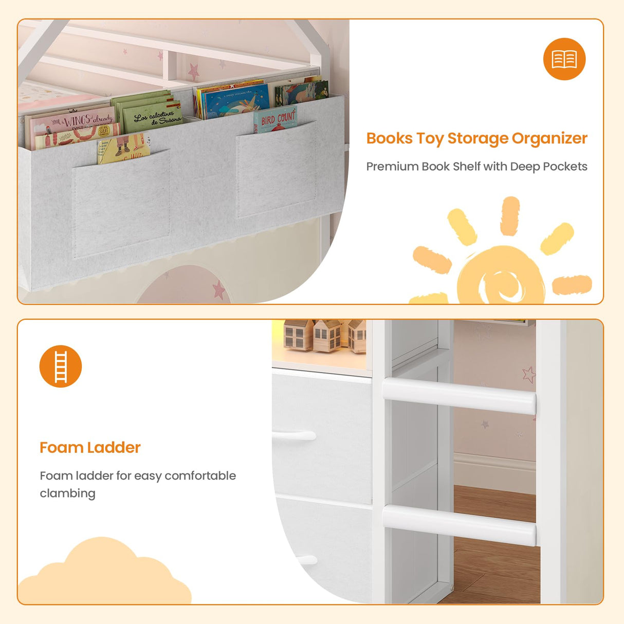 BTHFST Twin Size Loft Bed for Kids, 8 Storage Drawers & LED Lights, House Shaped Metal Bed with Bookcase, Soft Foam Ladder, 13.4" Safety Guardrail, Space Saving, Fun Curtain BTHFST