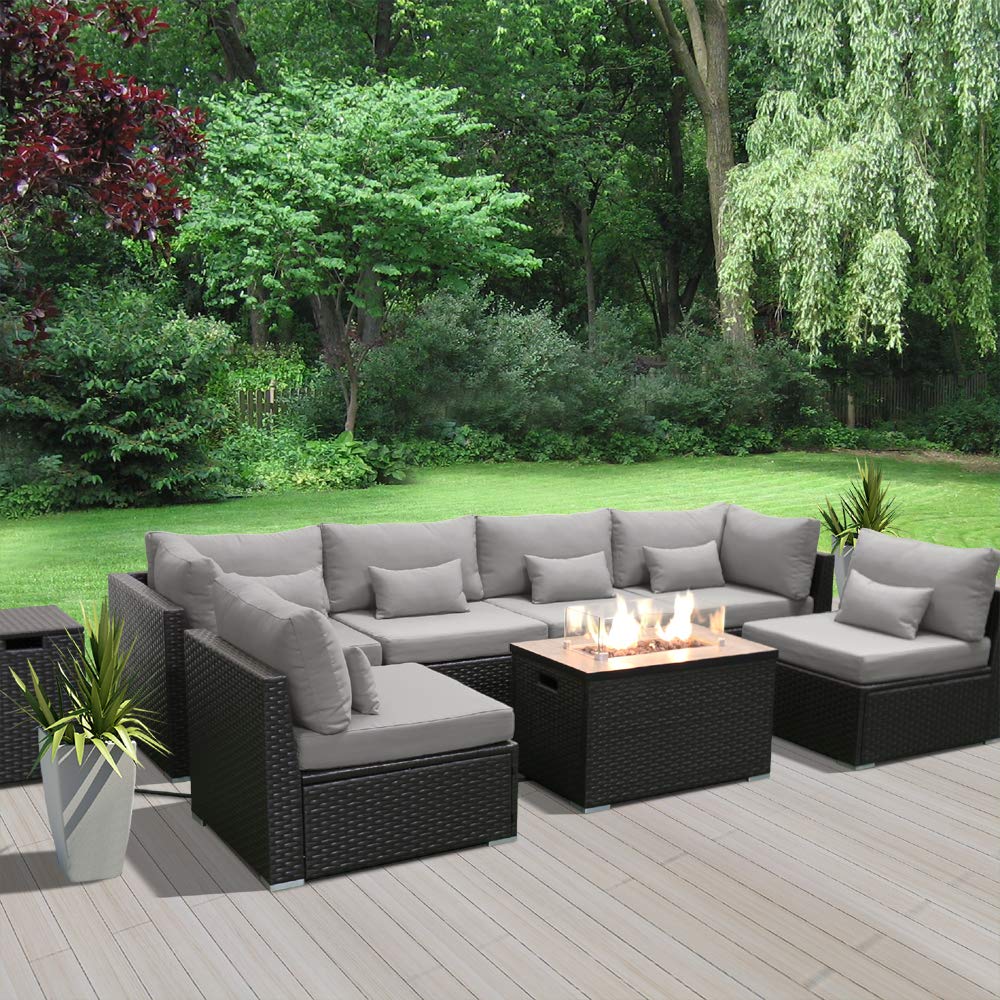 Dineli Sectional Sofa with Gas/Propane Fire Pit Table Outdoor Patio Furniture Sets (Light Gray-Rectangular Table) Dineli