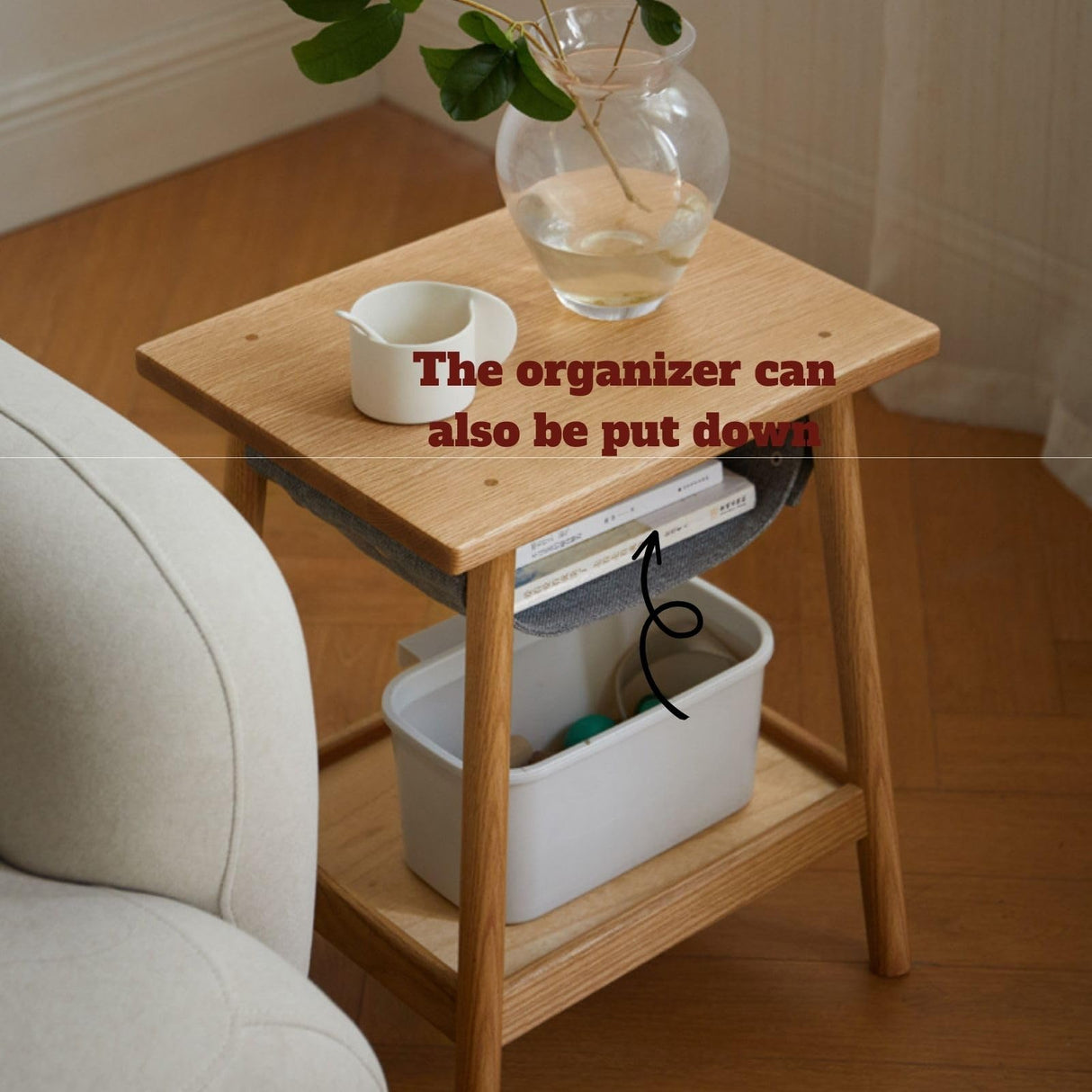 Vadisun Solid Oak Wood Nightstand with Storage Pocket – Modern Classic Side Table for Small Spaces, Log Color Bedside Table Vadisun