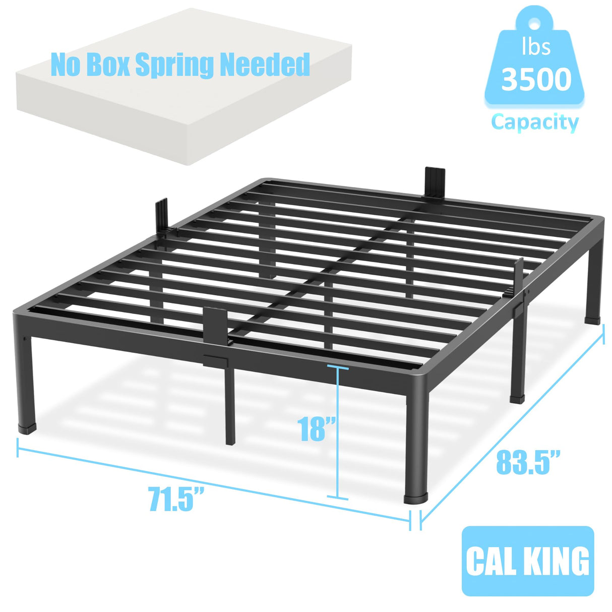 FUIOBYVV California King Bed Frame with Round Corner Edge Legs 18 inch High 3500 lbs Heavy Duty Metal Platform Bed Frame King Size No Box Spring Needed/Noise Free/Steel Slat Support/Non-Slip Black FUIOBYVV